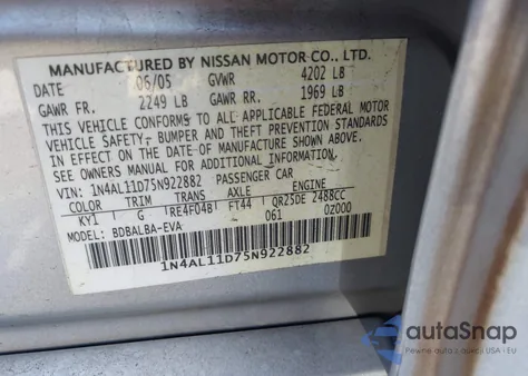 2005 Nissan Altima 2.5 S from USA, damaged, VIN 1N4AL11D75N922882